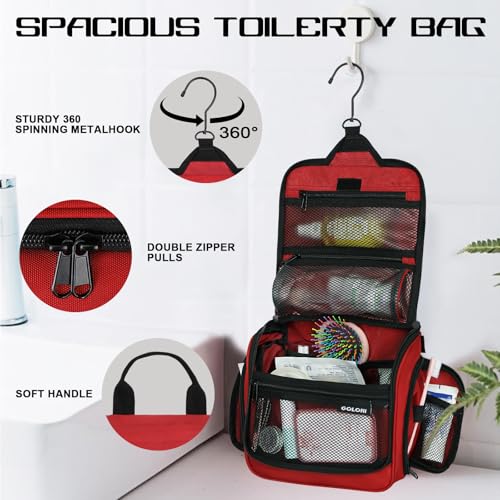 Goloni Hanging Toiletry Bag, 10 Compartments Water-Resistant Makeup Bag with 360° Spinning Metal Hook, Large Travel Cosmetic Organizer for Men & Women, Red (7.05oz) - color: Red