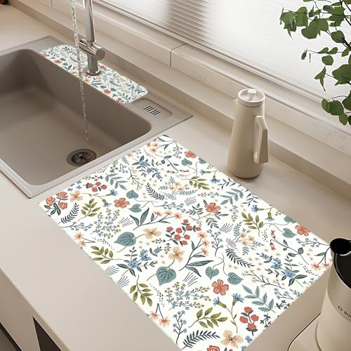 2Pcs Dish Drying Mats Faucet Mats Sets Large Size Coffee Mats Sink Faucet Mat Splash Guard for Kitchen Counter Bathroom Sink Coffee Bar Kitchen Decor (Wildflowers 1, 18"x24" 15" x 5.5"Set) - color: Wildflowers 1