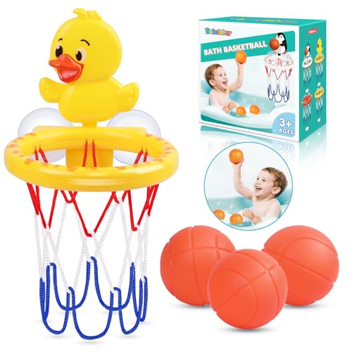 Bath Toys, Bathtub Basketball Hoop for Toddler Kids, 3 Soft No Hole Balls & Bath Basketball Hoop with Strong Suction Cup, Yellow Duck Baby Shower Bath Toys Set for Boys and Girls - style: Yellow Duck