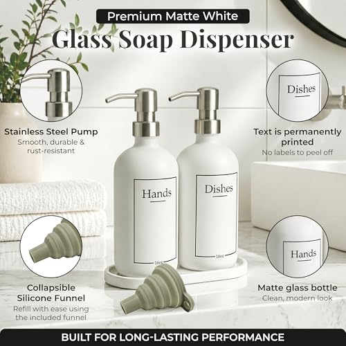 Glass Hand and Dish Soap Dispenser Set with Bamboo Tray – Kitchen Soap Dispenser Set, Stainless Steel Pumps, 16 oz, Silicone Funnel – Modern Farmhouse Kitchen Sink Decor - color: Stainless