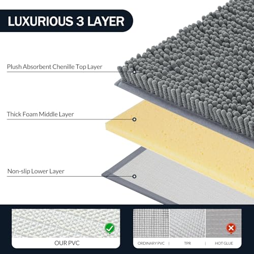 LINLA 3 Pieces Bathroom Rug Set, Absorbent Non Slip Chenille Bath mat, Thick Plush Chenille Carpet Mats Set,Washable Dry Quickly with U-Shaped Toilet Mat for Tub, Shower（Grey） - color: Grey