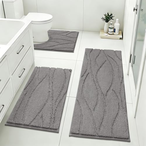 Bsmathom Bathroom Rugs Sets 3 Piece, Soft Non Slip Microfiber Bath Mat and U-Shaped Contour Toilet Rug, Machine Washable Absorbent Shaggy Bathroom Set, Light Gray - color: Light Gray