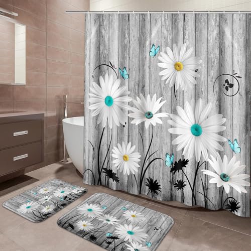 ArtSocket Flower Daisy Bathroom Set with Shower Curtain and Bath Rugs and Accessories,Gray Wooden Boards Non-Slip Shower Curtain Set,Bathroom Decor 3 Pcs - color: Flower Daisy