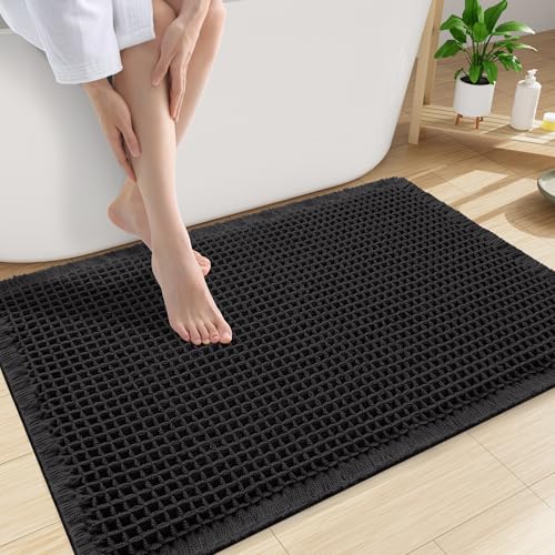 Smiry Waffle Bath Mat 30x20, Extra Soft Absorbent Bathroom Rugs, Non Slip Machine Washable Quick Dry Bath Rugs for Bathroom Floor, Tub, Shower, Home Decor Accessories, Black - color: Black, size: 30'' X 20''