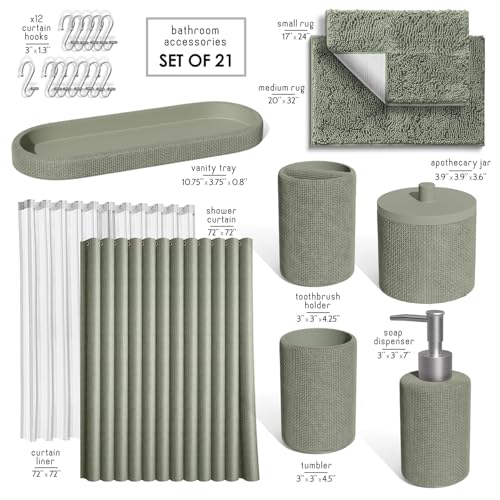 Clara Clark Sage Green Bathroom Set - Bathroom Sets with Shower Curtain and Rugs, 21PC Bathroom Accessory Set, Shower Curtain Set with Soap Dispenser & Toothbrush Holder - color: Sage Green, size: Complete Set + Bath Rugs