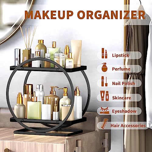 Bathroom Counter Organizer, Black Perfume Organizer for Dresser, 2 Tier Bathroom Organizer Countertop, Vanity Makeup Organizers, Skincare Display Tray for Bathroom Sink Storage - color: Black, Circular