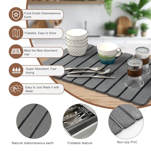 Stone Drying Mat for Kitchen Counter,24"x16" Large Dish Drying Mat,Stone Bath Mat,Quick Drying Fast Absorbent Diatomaceous Drying Matt Kitchen Counter for Dishes Bottles Cups Bathroom Any Countertop