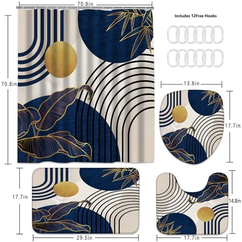 LQCOOL 4Pcs Blue Shower Curtain Set, Boho Bathroom Sets, Bamboo Leaf Bathroom Shower Bathroom Sets with Shower Curtain and Rugs, Shower Curtain with 12 Hooks - color: Blue Black