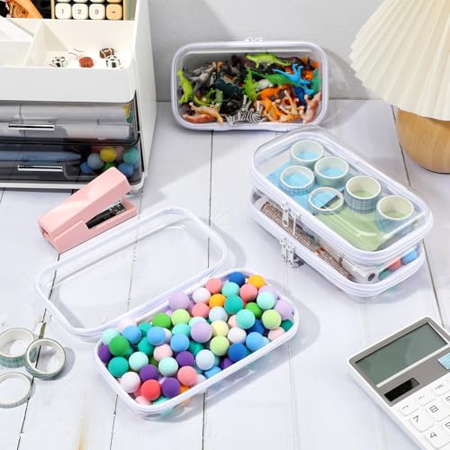 Hoolerry 4 Pcs Hard Clear Zipper Case Makeup Bags Plastic Zipper Pouch Transparent Storage Box Containers for Cosmetics, Snacks, Building Blocks, Puzzles(Clear,7.5 x 3.9 x 2 in,White) - color: White, size: 7.5 x 3.9 x 2 in