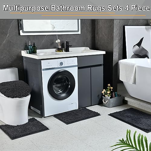 Bathroom Rugs Sets 4 Piece, Extra Soft Absorbent Chenille Bath Rugs, Non Slip Rubber Backing Machine Washable Quick Dry Bath Mats for Bathroom Floor, Tub, Shower, Home Decor Accessories, Deep Grey - color: Dark Gray