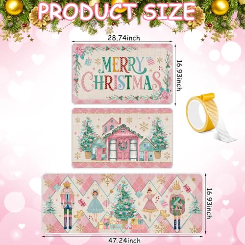 Drydiet 3 Pcs Pastel Pink Nutcracker Christmas Kitchen Rug and Mat Anti Fatigue Nutcracker Floor Mats Non Slip Washable Farmhouse Doormat Pastel Pink Christmas Decor for Kitchen Home Office Bathroom - color: Pink, style: Nutcracker