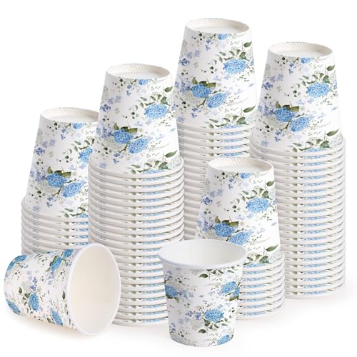 WRAPAHOLIC 3oz Paper Cups - 100 Pack Disposable Bathroom Cups with Hydrangea Flower Design, Small Mouthwash Cup for Toothbrush Rinse, Home Bathroom, Picnic, BBQ, Travel and Party - color: Blue Hydrangea