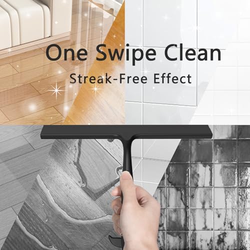 Shower Squeegee for Glass Doors, All-One-Piece Winning - Silicone Squeegee | Squeegee with Built-in Hook for Shower Glass,Bathroom, Window, Mirror, Tile Wall,Car, Streak-Free Cleaner Tool,10-Inch,Black - color: Black