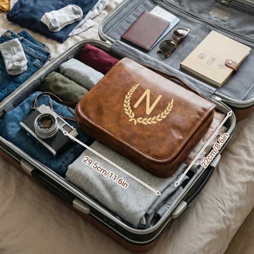 OXYEFEI Personalized Hanging Travel Toiletry Bag Gift for Men,Engraved Initial PU Leather Mens Large Toiletry Travel Essential Organizer Dopp Kit Shaving Bag for Him Birthday (R, Light Brown) - style: R