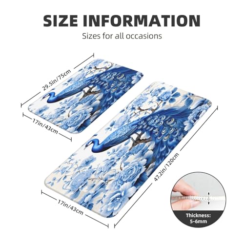 Retro Blue Peacock Flowers Kitchen Rugs Mats Set of 2 Pcs Non-Slip Floor Mats Washable Runner Rugs Set for Bathroom Laundry Hallway Kichen Comfort Standing Mat - color: Retro Blue Peacock Flowers