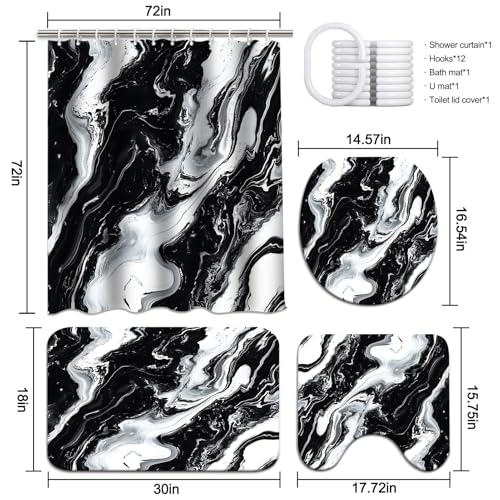 Lnond 4Pcs Marble Bathroom Sets with Shower Curtain and Rugs, Black Marble Modern Art Bathroom Shower Curtain Sets with Rugs and Accessories - color: Black Marble