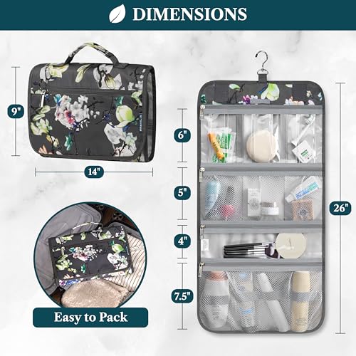 PAVILIA Hanging Toiletry Bag for Women Men, Large Foldable Toiletries Organizer with Hook, Water-Resistant Makeup Cosmetic Rollup Case, Clear Pockets for Bathroom, Gym, Cruise (Floral Grey) - color: Grey Floral