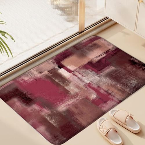 Burgundy Red Abstract Bath Rug, Modern Art Grey Brown Rust Painting Bath Mat Sets for Bathroom, Soft Non Slip Floor Rugs 17X29 Inch - color: Burgundy Red