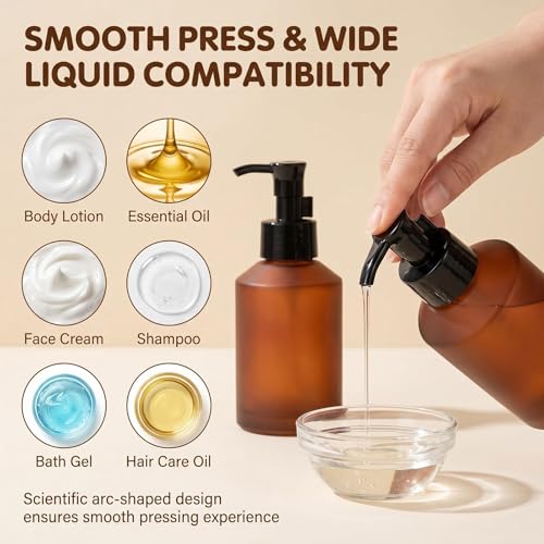 2Pcs 60ml 2oz Amber Frosted Glass Pump Bottles Lotion Dispenser Empty Refillable Travel Size Cosmetic Toiletries Sample Storage Container Vial Jar with Black Pump for Shampoo Cream