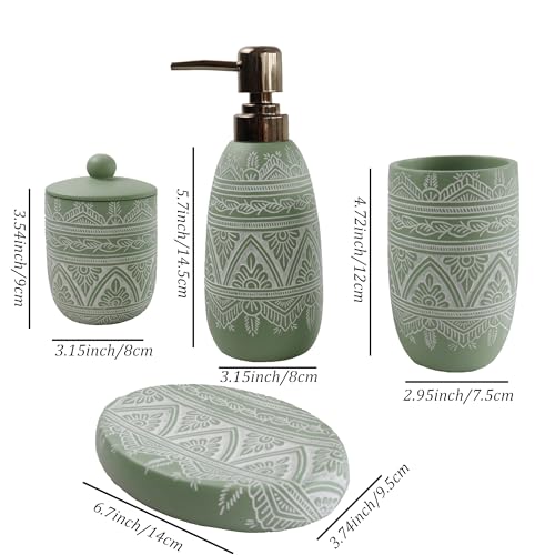 Hymmah Green Bathroom Accessories Set,Farmhouse Bathroom Decor,4 Pcs Resin Gift Set Apartment Necessities, Contain Cotton Swab Jar,Soap Dispenser,Tumbler，Soap Dish/Tray - color: Green