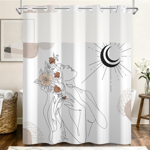 No Hook Shower Curtain with Snap in Liner, 2-in-1 Double Layer Bath Curtain Set 71x74 Inch | Abstract Feminine Line Art with Moon & Flowers, Sheer Mesh Top, Modern Boho Bathroom Decor - color: Feminine Art