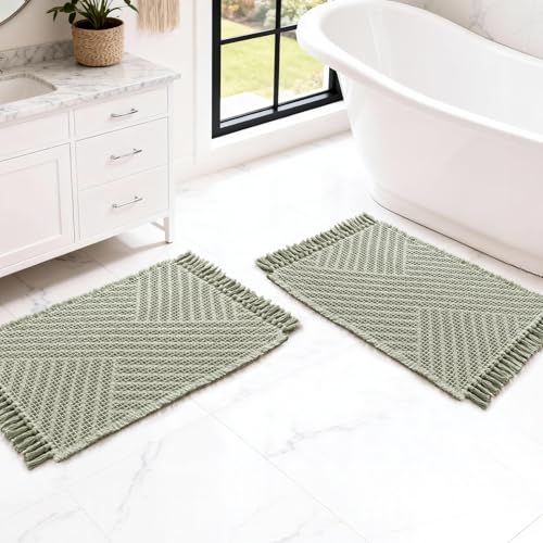 H.VERSAILTEX Waffle Bath Mat Super Absorbent Boho Bath Mat Non Slip Bath Rugs for Bathroom Floor Machine Washable Dry Fast Bathroom Rugs with Tassels (17 x 24 Plus 17 x 24 Inches, Sage) - color: Sage, size: 17" x 24" Plus 17" x 24"
