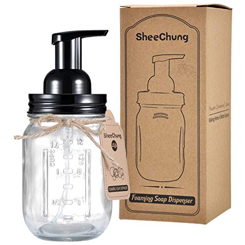 SheeChung Mason Jar Foaming Soap Dispenser-Rustproof Stainless Steel Lid & Foaming Soap Pump, Refill Foam Hand Soap Dispenser Glass for Bathroom Kitchen Vanities, Countertops-Black (1 pk) - color: Black