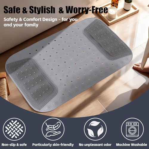 Bathtub Shower Mat Non Slip, 28.7x18.9 inch Silicone Bathroom Mat with Foot Scrubber on Both Sides, Drain Hole and Suction Cups, Machine Washable Bath Mats for Elderly, Pet (Gray) - size: 28.7"x18.9"