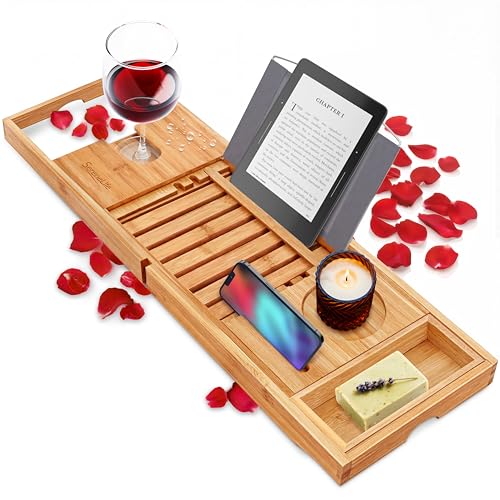 SereneLife Premium Bathtub Tray Caddy, Expandable Bath Tray, Unique House Warming Gifts, Gift for Mom, Women, New Home, Wedding, Anniversary, Bridal Shower, Universal Fit for All Tub - Natural - color: Natural