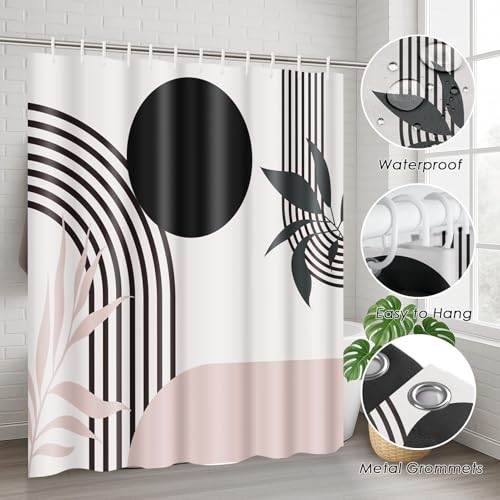 Boho Mid Century Shower Curtain Set with Toilet Lid Cover and Non-Slip Rugs, Abstract Pink Black 4 Pcs Modern Minimalist Shower Curtain for Bathroom Set with 12 Hooks - color: Boho Pink