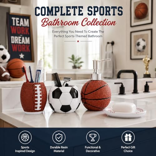 4-Piece Sports Bathroom Accessories Set Complete with Basketball Lotion/Soap Dispenser,Soccer Bath Cup/Tumbler,Base Ball Soap Dish,Football Toothbrush Holder - style: Sports Style Model