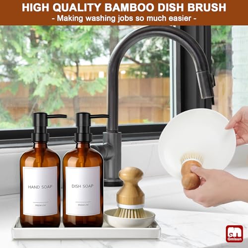 GMISUN Dish Soap Dispenser, 16 Oz Kitchen Soap Dispenser Set with Ceramic Tray & Bamboo Brush, 2 Pack Thick Amber Glass Soap Dispenser, Farmhouse Refillable Hand and Dish Liquid Soap Pump Bottle Set - color: Amber Bottles + Black Pumps