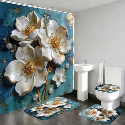 DDQQ 4Pcs White Flower Shower Curtain Sets Vintage White Floral on Blue Background Bathroom Sets, Shower Curtain with 12 Hooks Bathroom Decor with Rugs Bath Accessories with Mats Toilet Lid Cover - color: Peacock