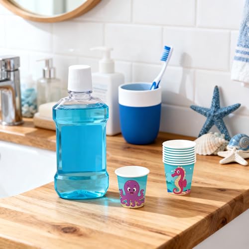 WRAPAHOLIC 3oz Paper Cups - 100 Pack Disposable Bathroom Cups with Seahorse, Dolphin, Starfish and Octopus Design, Small Mouthwash Cup for Toothbrush Rinse, Home Bathroom, Picnic, BBQ and Beach Party - color: Deep Blue Fish 4 Design