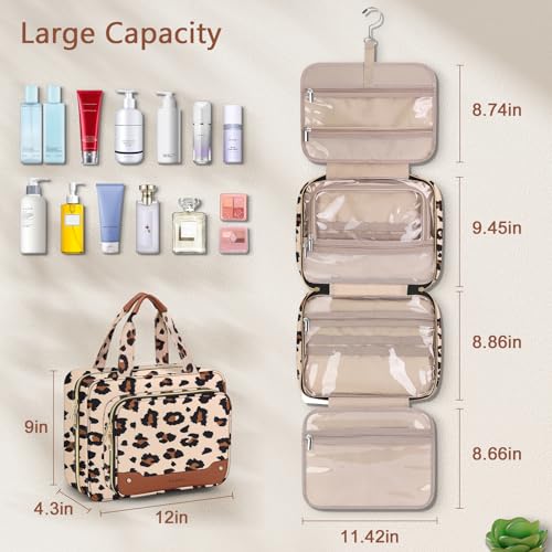 Wedama Toiletry Bag for Women, Hanging Travel Toiletry Bag with Jewelry Organizer Compartment Large Makeup Bag, PVC Waterproof Cosmetic Travel Bag Trips Camping Bathroom, Leopard Print - color: Leopard Print, size: Large, style: With Jewelry Organizer Com