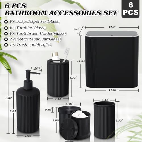 Black Bathroom Accessories Set, 3.5 Gal Trash Can with Press-Top Lid, Glass Bathroom Set, Soap Dispenser, Toothbrush Holder, Tumbler, Qtip Holders, Vintage Bathroom Sink Set Cute Bathroom Decor - color: Black, size: 6 Pieces