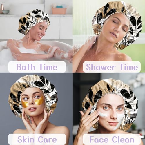 Luxury Shower Cap Silk Satin Lined Waterproof Reusable Adjustable Elastic Dry Hair Bathing Caps Cute for Women Girls-Leaf - color: C-13-Leaf