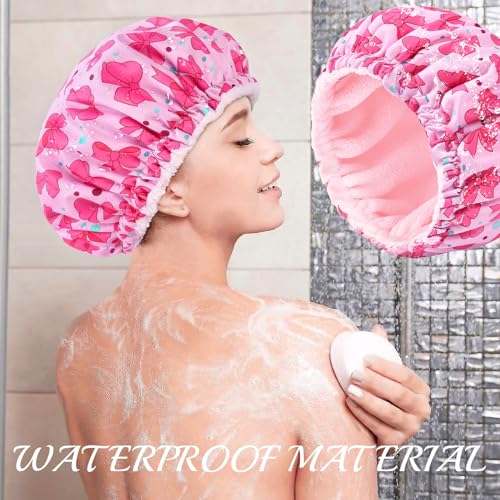 Aileam Pink Bow Shower Cap for Women, Terry Lined Bath Cap Large Reusable Waterproof Shower Hair Cap for Long Thick Hair - color: Bow