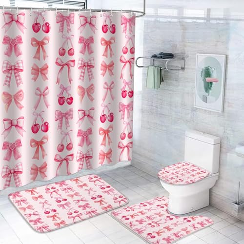 4Pcs Shower Curtain Set, Red Cherry Pink Bow Bathroom Shower Curtain with Rugs and Accessories,with Non-Slip Rugs, Toilet Lid Cover and Bath Mat for Bathroom Decor Set - color: Pink Bow