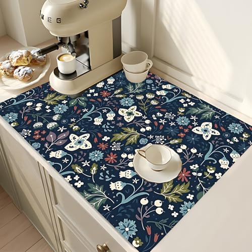 2Pcs Dish Drying Mats Faucet Mats Sets Large Size Coffee Mats Sink Faucet Mat Splash Guard for Kitchen Counter Bathroom Sink Coffee Bar Kitchen Decor (Cute Wildflowers, 18"x24" 15" x 5.5"Set) - color: Cute Wildflowers