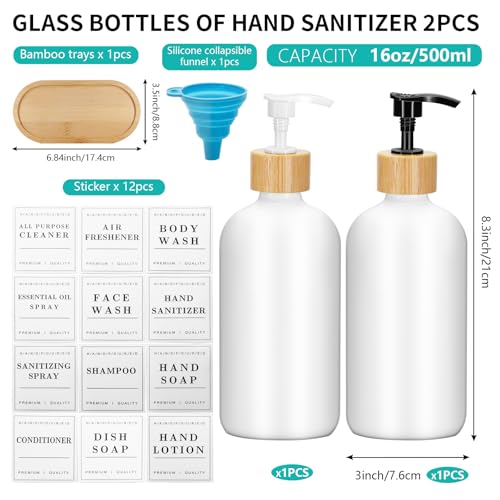 2 Pack 16 Oz Glass Soap Dispenser Set with Tray and Sticker, Hand Dish Soap Dispenser Set for Bathroom and Kitchen Bottle Dispenser with Dish Soap, Hand Soap, Lotion Sticker (White) - color: White