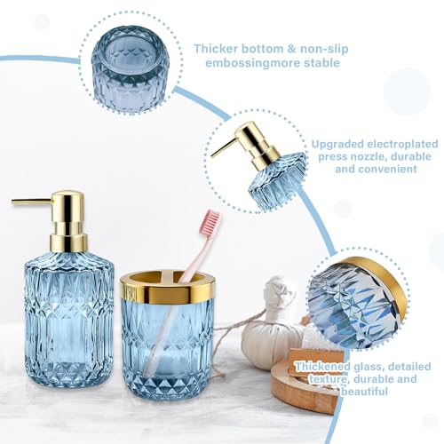 2Pcs Blue Bathroom Accessories Set, Glass Bathroom Accessories, Vintage Bathroom Countertop Decoration Includes Soap Dispenser, Toothbrush Holder - color: Blue, size: 2 Pcs