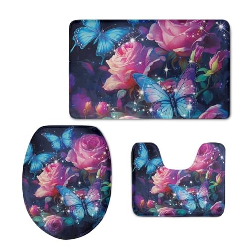 Butterfly Rose Bathroom Rugs Sets 3 Piece Toilet Seat Cover and Rug Set Toilet Lid Protector Set Bathroom Toilet Seat Covers 3 Piece Bathroom Rug Set Toilet Seat Cover Set for Home - color: Butterfly Rose