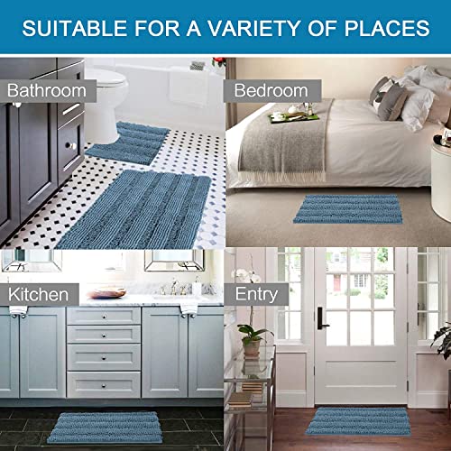 H.VERSAILTEX 3 Piece Bathroom Rugs Sets Thick Striped Bath Rugs Set for Bathroom Non Slip Soft Absorbent Bath Mat Set for Tub, Shower and Toilet(17''x24''+20''x32''+20''x24'' U-Shaped, Stone Blue) - color: Stone Blue