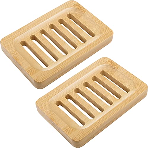 Anwenk Bamboo Wooden Soap Dish, Bar Soap Holder Soap Tray for Shower Bathroom Kitchen Sink Drainer - 2 Pack (Natural Color) - color: Bamboo 2pack