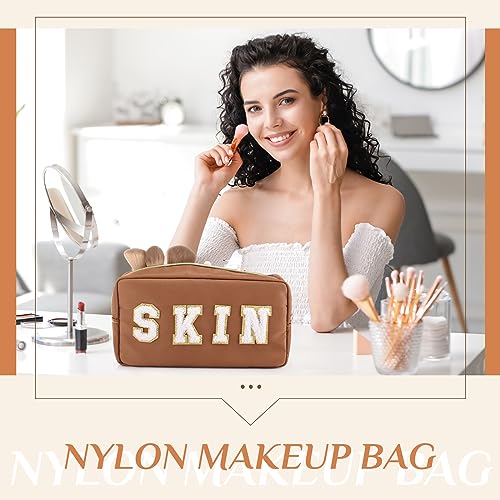 Preppy Makeup Bags Chenille Letter Stuff Bag Nylon Cosmetic Pouch Cases with Zipper for Women Travel Toiletry(Brown Set,Classic,4 Pcs) - color: Brown Set, size: Classic