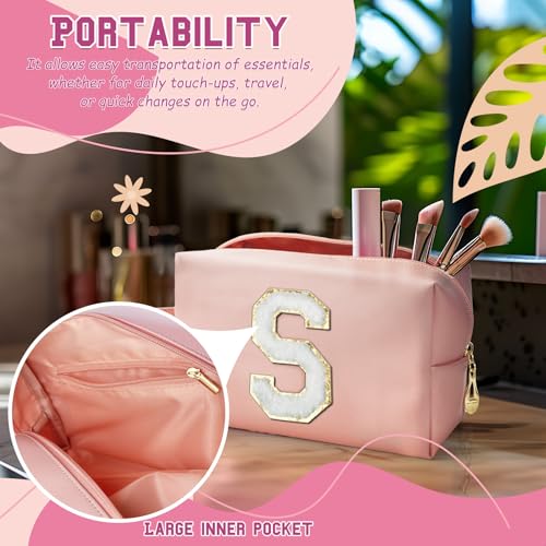Personalized Initial Makeup Bag with Handle, Preppy Cosmetic Bag with Inner Zipper Pocket, 8 9 10 11 12 13 14 Years Old Girl, Graduation Gifts for Teen Girls Women Teachers (S, Pink) - color: Pink, style: S