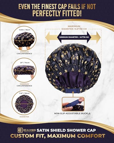 Luxury Reusable Shower Cap for Women - Satin Lined, Adjustable & Waterproof - Keeps Hair Dry- Durable Hair Bonnet by BEAUXSOI (Fleur de Nuit) - Floral design - color: Fleur de Nuit