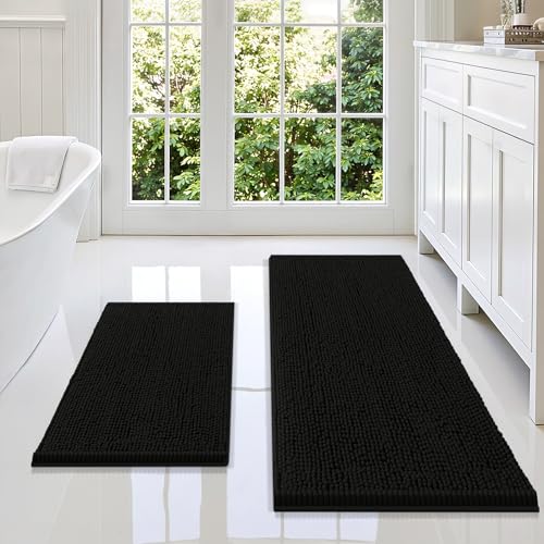 Smiry Bathroom Rugs Sets 2 Piece, Soft Absorbent Chenille Machine Washable Non Slip Shaggy Bath Rug Set for Tub, Shower, and Floor (47x17+24x16, Black) - color: Black, size: 47"x17"+24"x16"