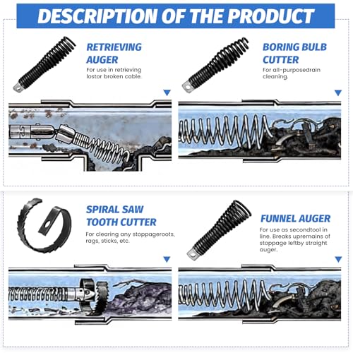 9-Piece Drain Snake Drill Attachment Kit, Drain Auger Replacement Heads with Hex Wrench for 5/16in-3/4in Cable, Fits 50ft-100ft Machines, Clog Remover Tool for Sink, Shower, Pipe and Sewer